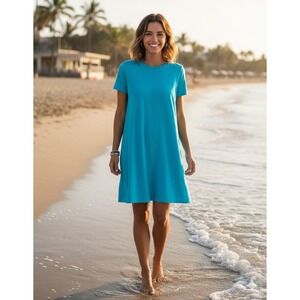 EILEEN FISHER Crew Neck T-Shirt Dress Women's L Aqua Blue Relaxed Fit Coastal